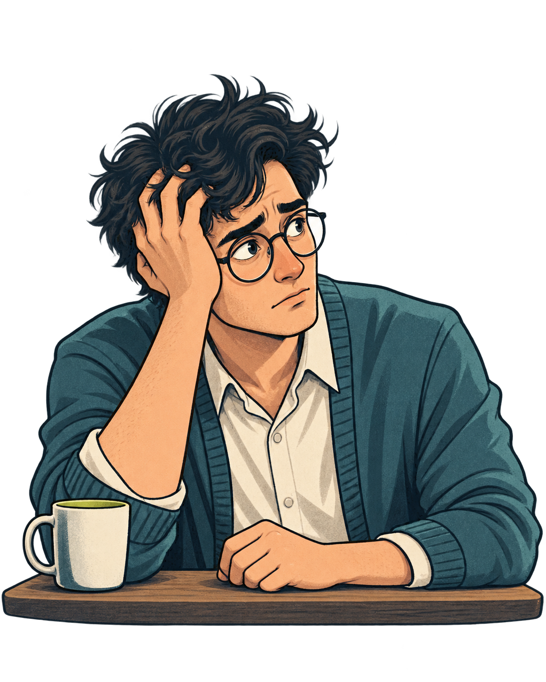 Illustrated Sam, a tired researcher holding his head and looking at the waiting experiments.